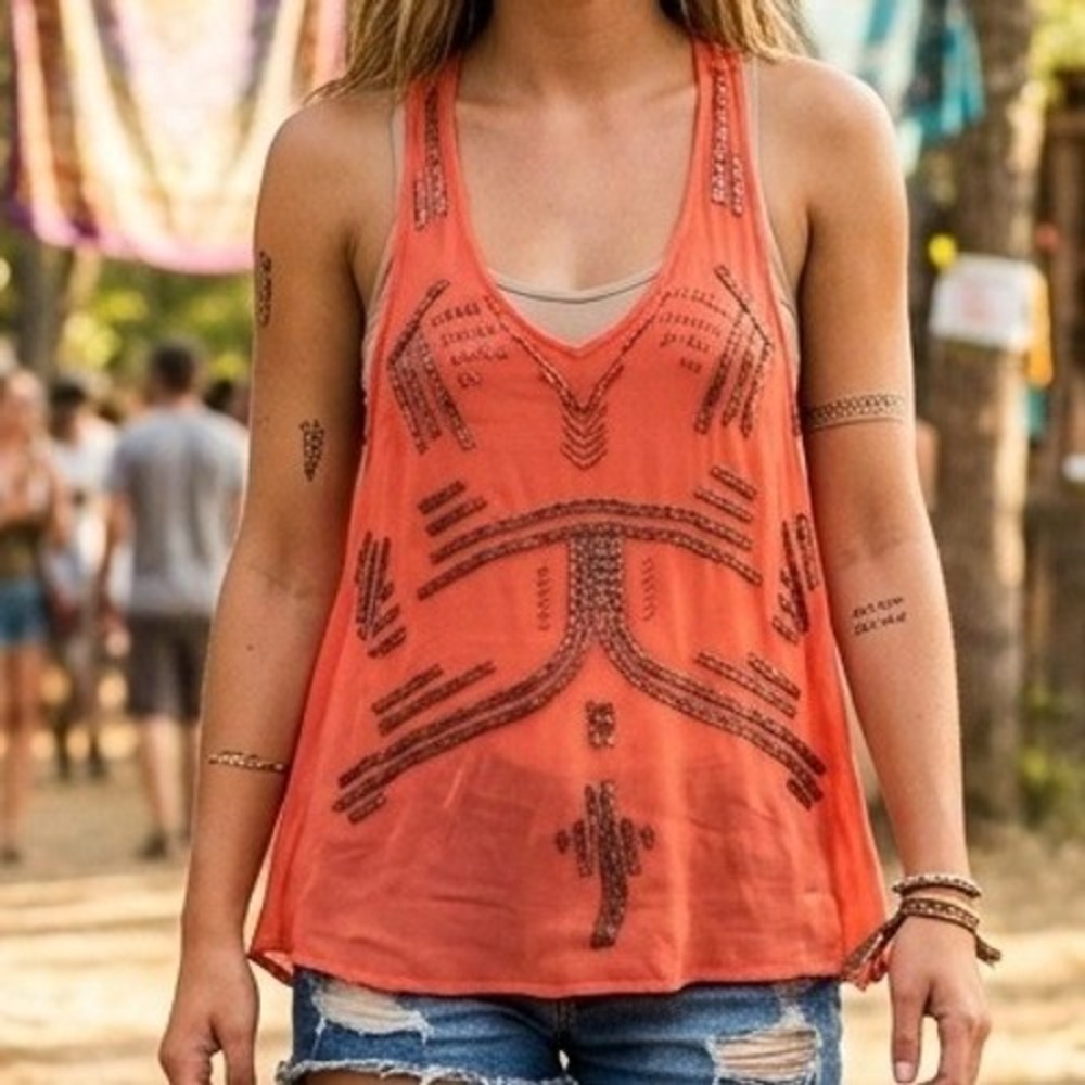 NEW Free People Beaded Boho Tank Top Coral Orange Viscose Racerback V-Neck Small